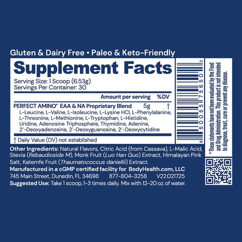BodyHealth PerfectAmino Powder - BCAA and EAA Powder for Pre and Post Workout - Amino Acid Energy Drink for Men and Women to Support Lean Muscle and Recovery - Strawberry