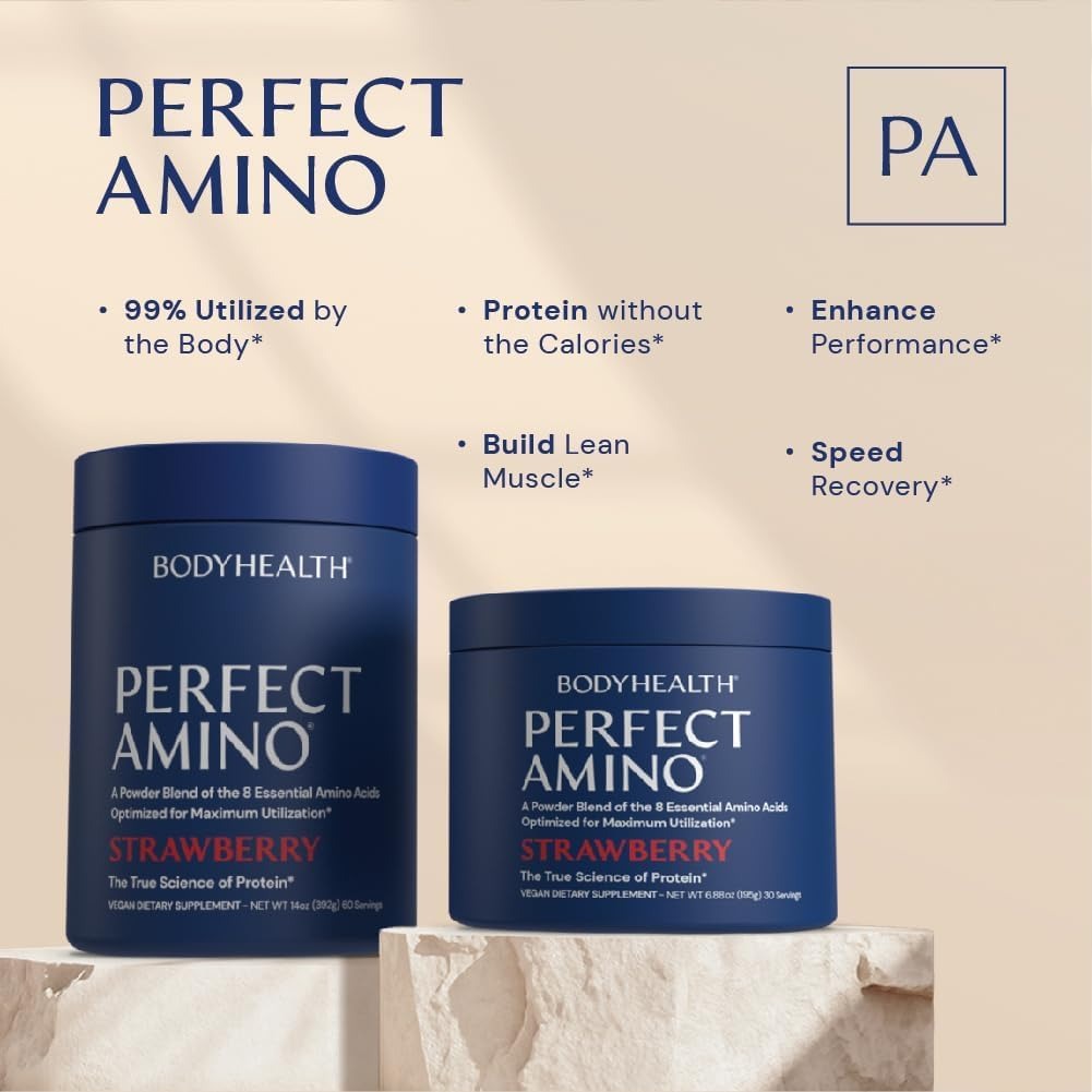 BodyHealth PerfectAmino Powder - BCAA and EAA Powder for Pre and Post Workout - Amino Acid Energy Drink for Men and Women to Support Lean Muscle and Recovery - Strawberry